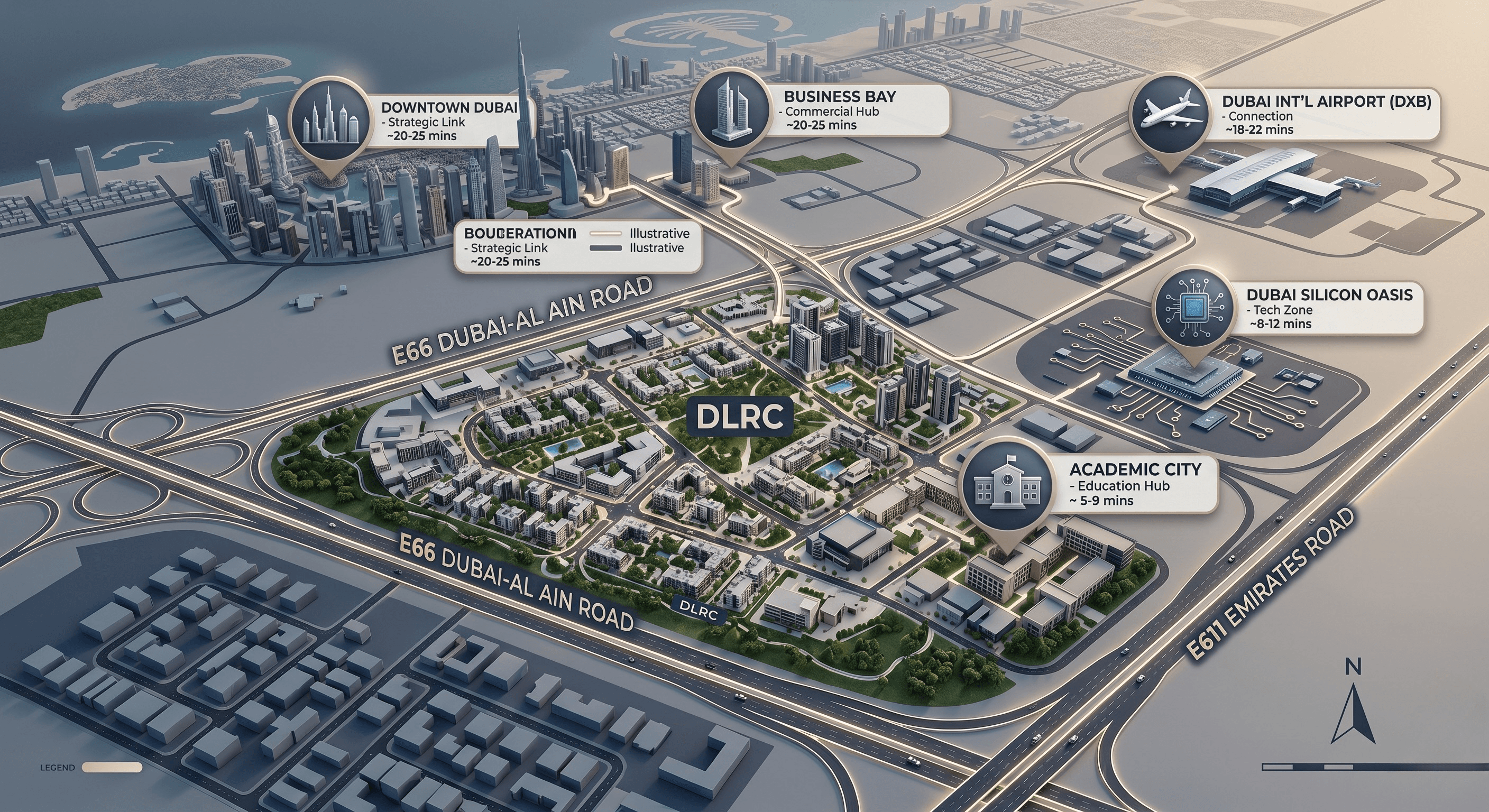 DLRC Dubai location map showing connectivity to Downtown Dubai, Business Bay, Silicon Oasis, and major highways E66 and E611.