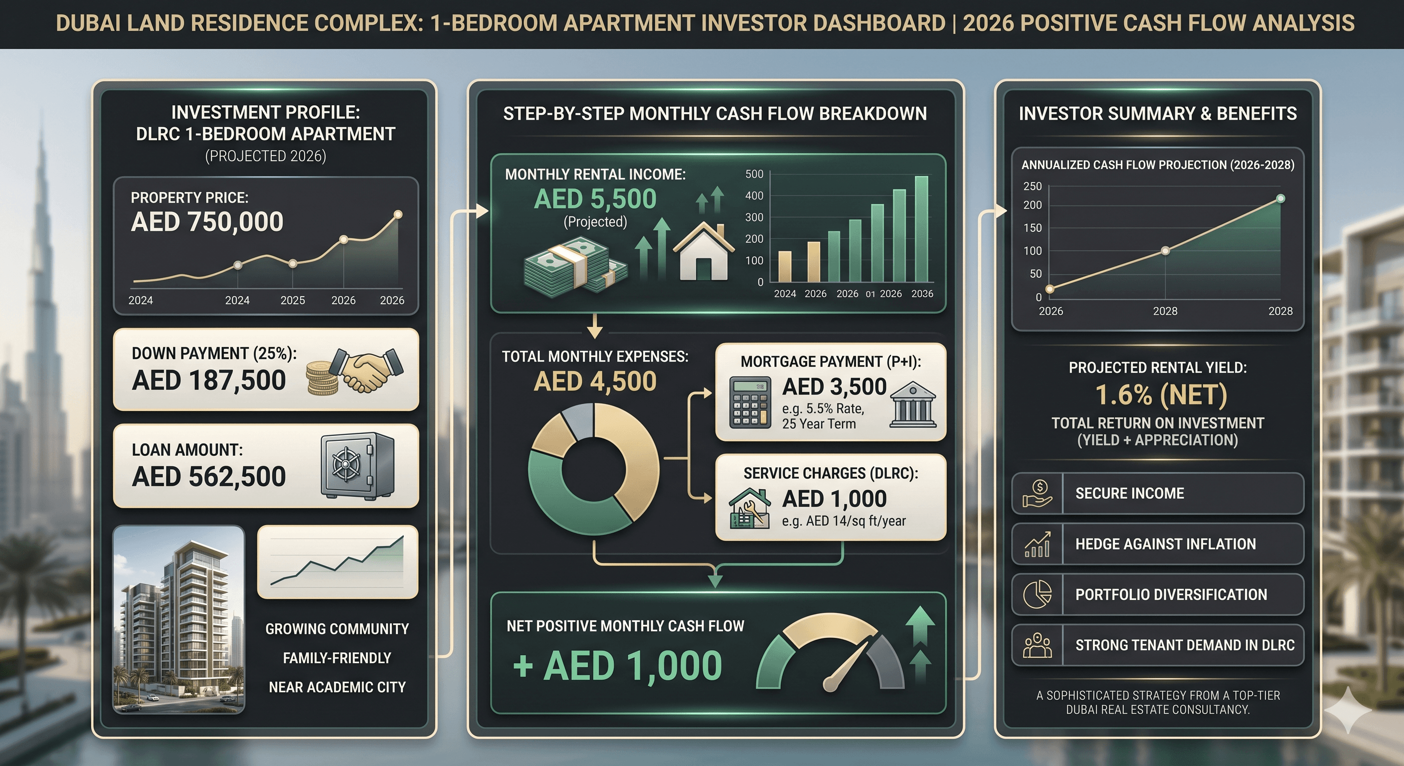 DLRC Dubai investment cash flow example showing mortgage costs, rental income, and monthly positive returns.