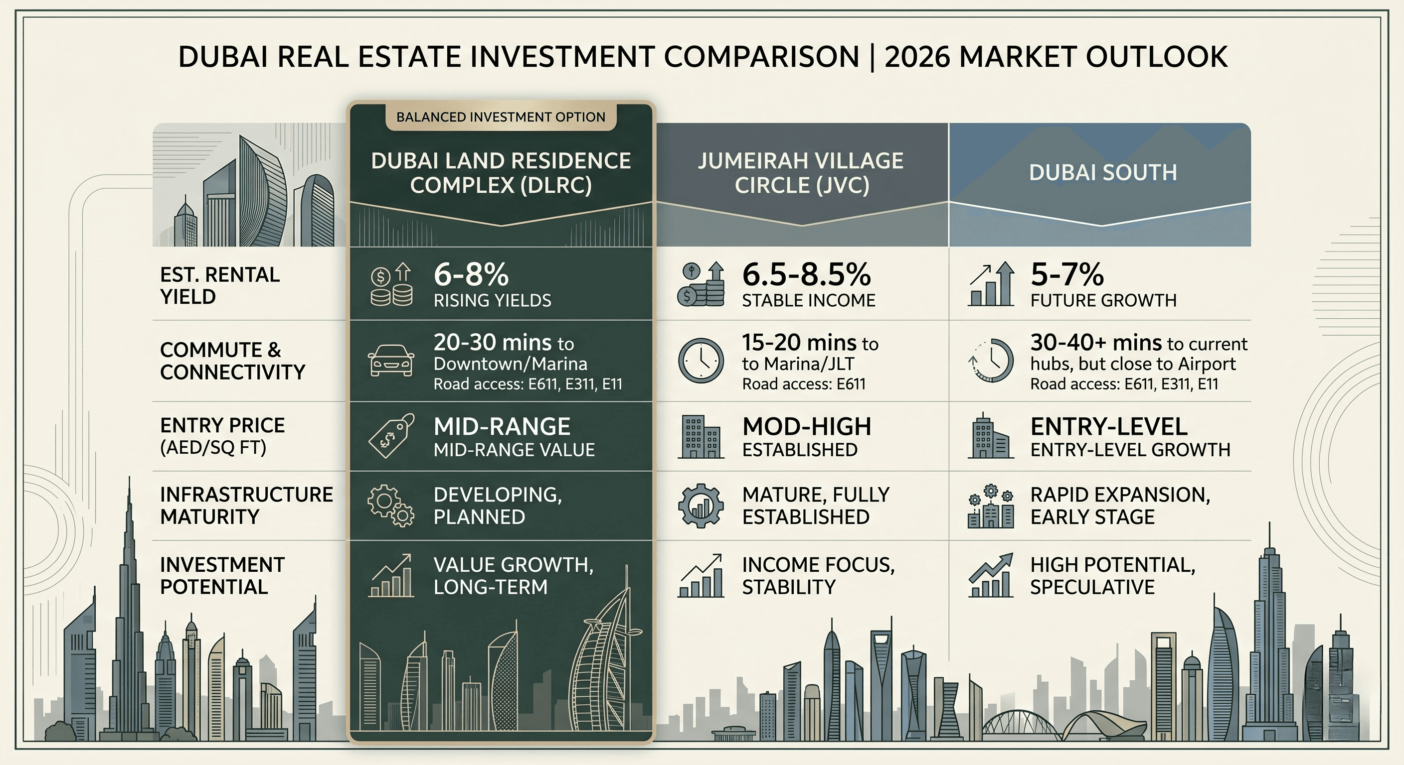 Comparison of DLRC, JVC, and Dubai South for rental yield, connectivity, and real estate investment potential.